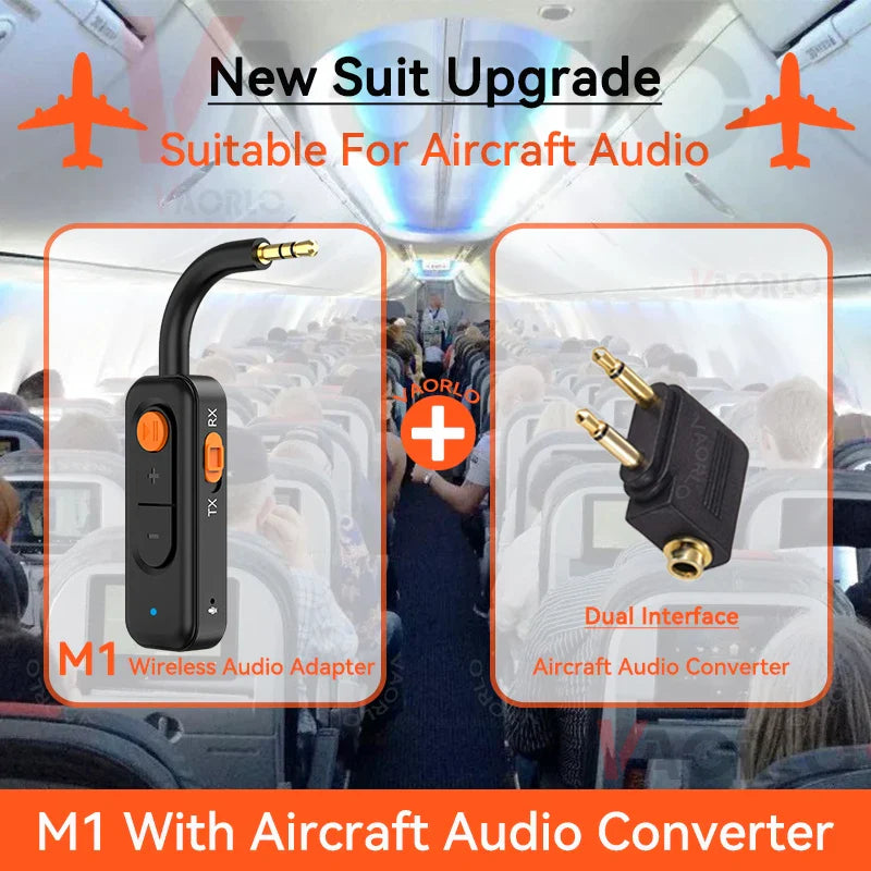 Black m1 audio transmitter receiver with orange buttons and curved gold 3.5mm jack plus dual-interface aux hd hifi adapter