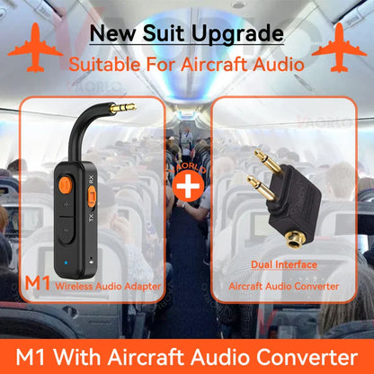 Black m1 audio transmitter receiver with orange buttons and curved gold 3.5mm jack plus dual-interface aux hd hifi adapter