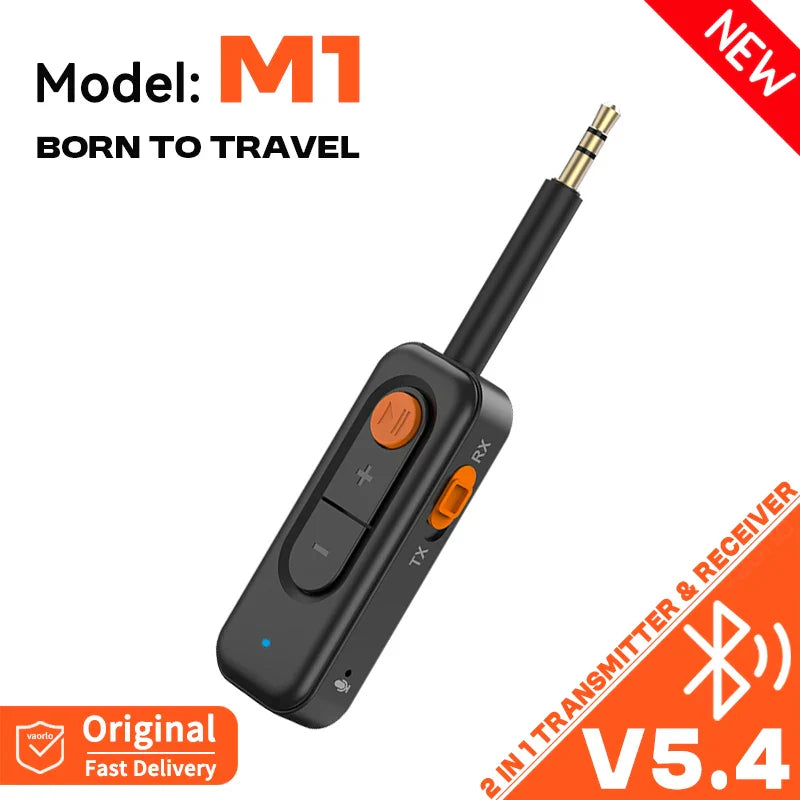 Black and orange m1 bluetooth 5.4 audio transmitter receiver with aux hd hifi stereo music wireless adapter for travel use