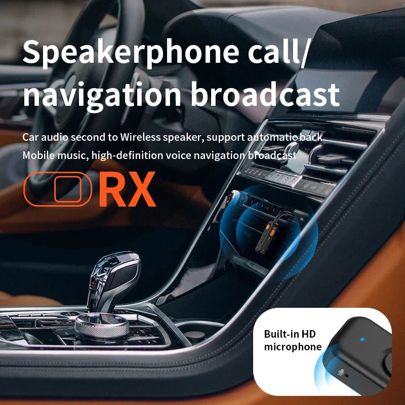 Black compact bluetooth 5.4 audio transmitter receiver with aux hd hifi and built-in mic for car speakerphone calls