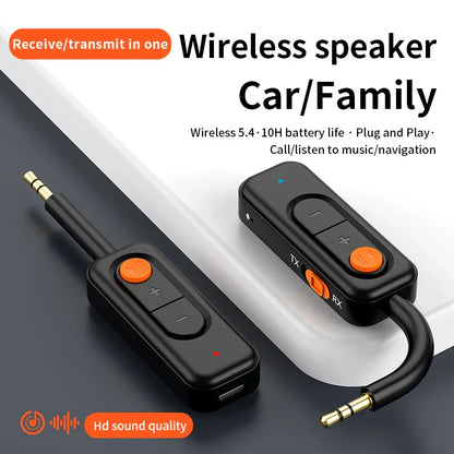 Black bluetooth 5.4 audio transmitter receiver with orange buttons and gold 3.5mm jacks music wireless adapter aux hd hifi