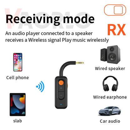 Black bluetooth 5.4 audio transmitter receiver with orange power button and aux hd hifi flexible 3.5mm jack for speakers