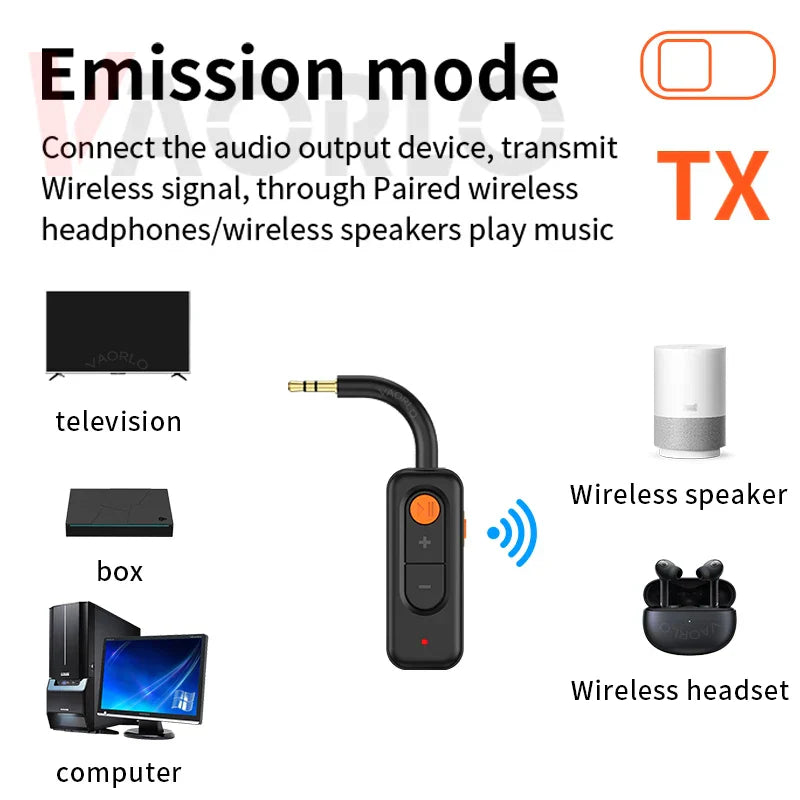 Black bluetooth 5.4 audio transmitter receiver with orange button and curved 3.5mm jack music wireless adapter aux hd hifi