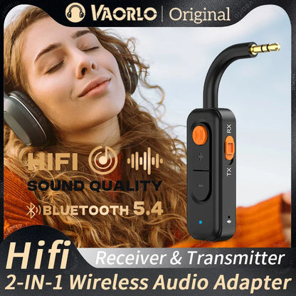 Black and orange vaorlo bluetooth 5.4 audio transmitter receiver with curved gold-plated 3.5mm aux hd hifi music wireless adapter