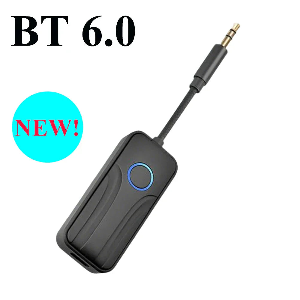 Black Bluetooth 5.4 audio transmitter receiver with blue button and gold-plated 3.5mm aux hifi stereo jack