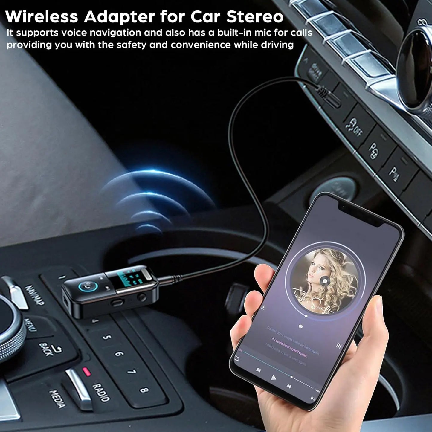 Black bluetooth 5.4 aux adapter with built-in mic and jack led display for car home stereo wired headphones speaker use
