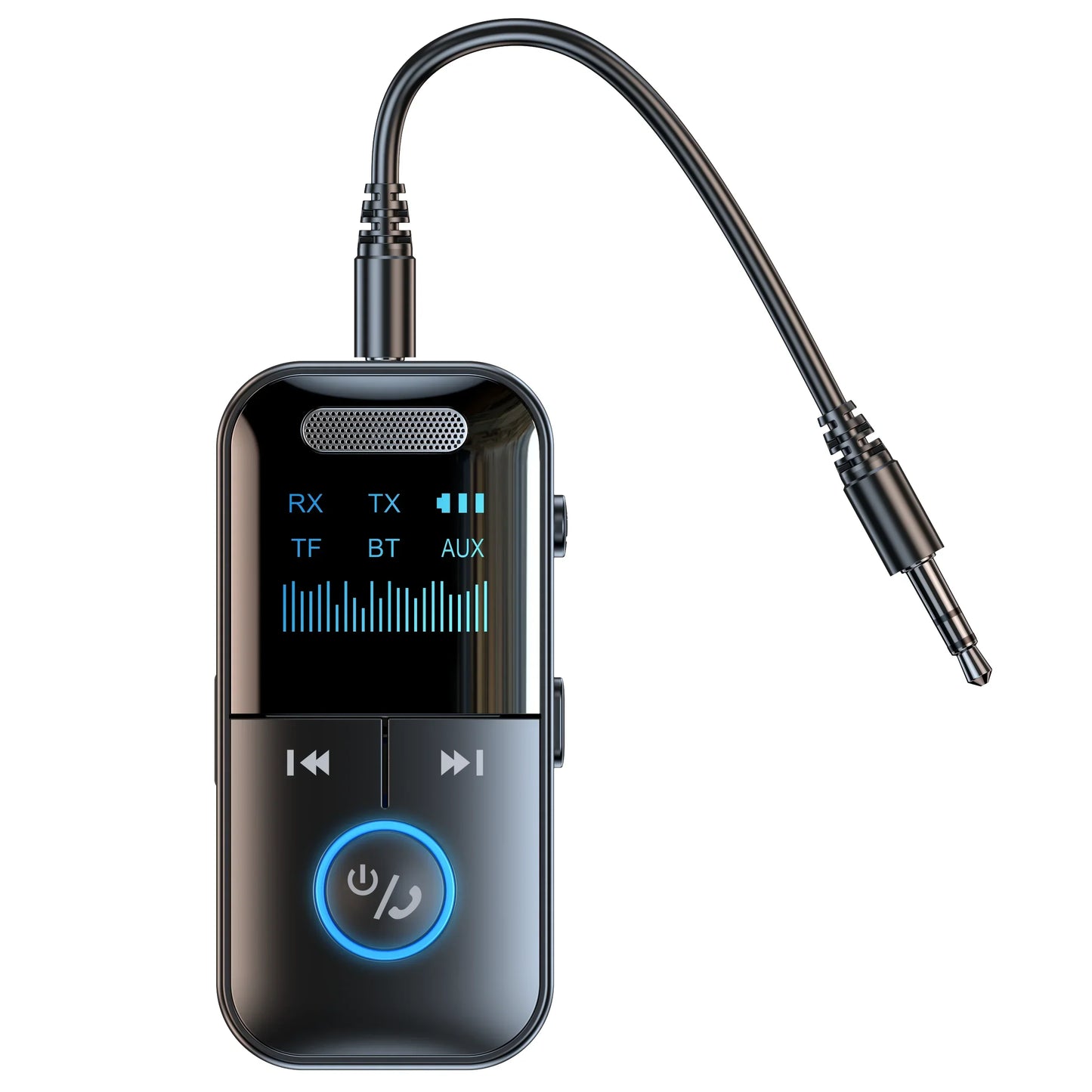Black bluetooth 5.4 aux adapter with jack led display and illuminated blue button for car home stereo wired headphones speaker