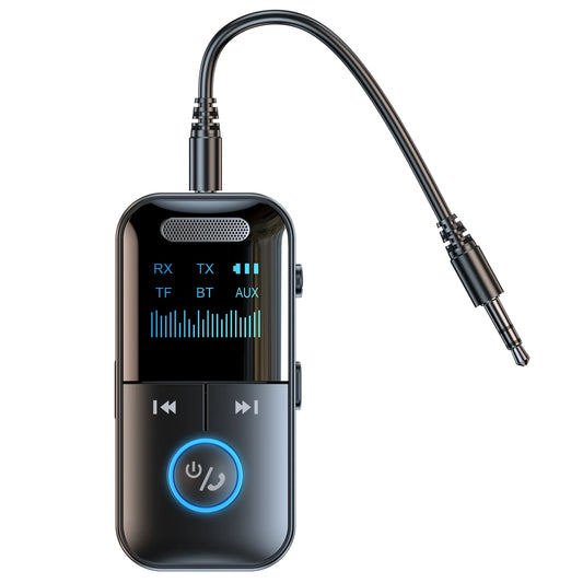 Black bluetooth 5.4 aux adapter with jack led display and illuminated blue button for car home stereo wired headphones speaker