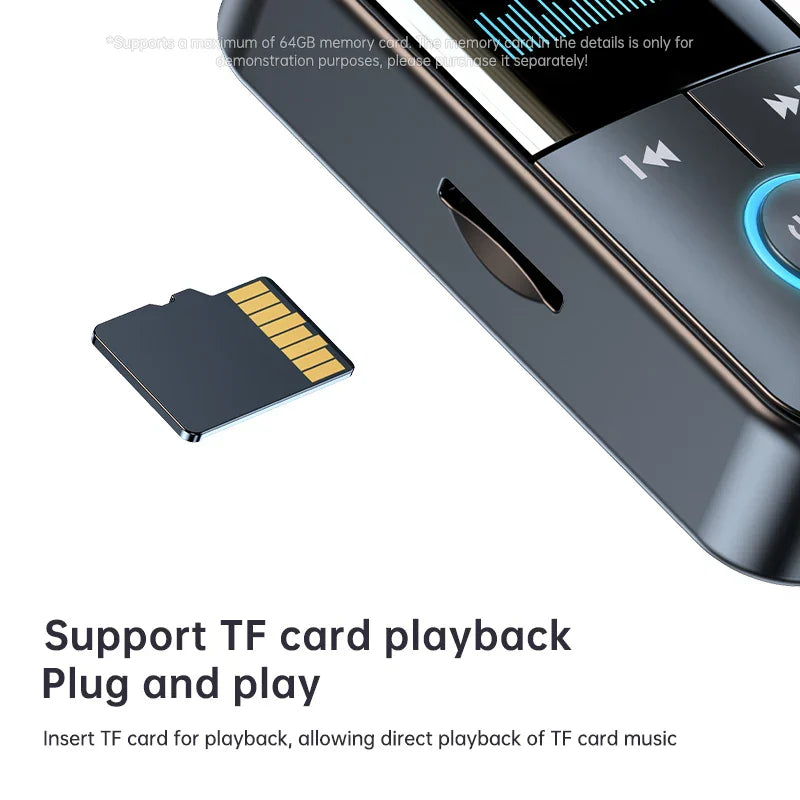 Black tf memory card with gold contact pins for bluetooth 5.4 aux adapter with jack led display car home stereo use