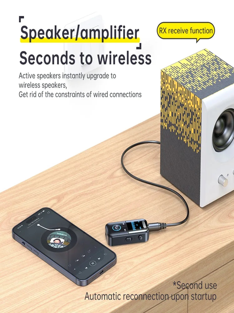 White and black wireless speaker amplifier with yellow pixelated pattern jack led display for car home stereo and wired headphones speaker