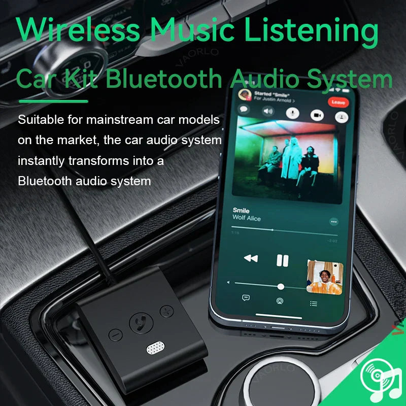 Black rectangular bluetooth 5.4 stereo wireless audio receiver car kit with circular buttons for handsfree calls navigation