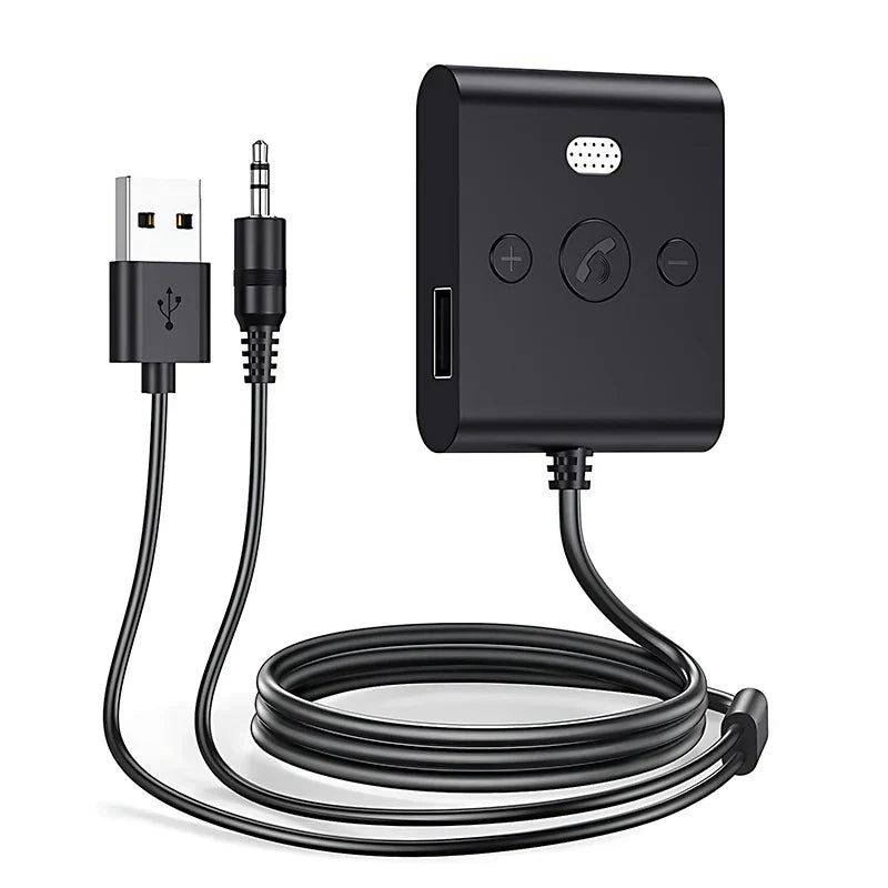 Black rectangular bluetooth 5.4 stereo wireless audio receiver car kit with usb 3.5mm jack and handsfree calls navigation buttons