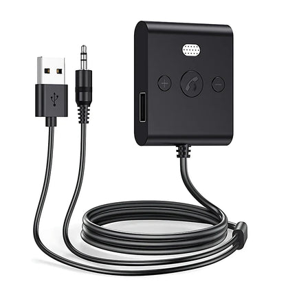 Black rectangular bluetooth 5.4 stereo wireless audio receiver car kit with usb 3.5mm jack and handsfree calls navigation buttons