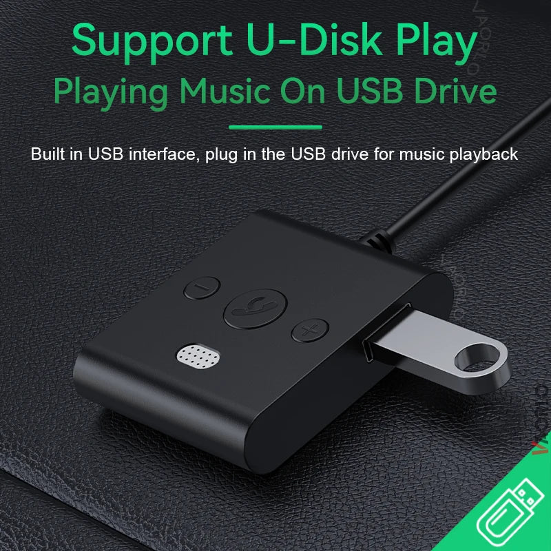 Black rectangular usb audio adapter with metallic connector and three buttons for stereo wireless audio receiver car kit handsfree calls navigation