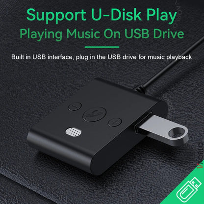 Black rectangular usb audio adapter with metallic connector and three buttons for stereo wireless audio receiver car kit handsfree calls navigation