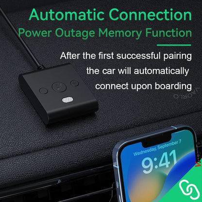 Black rectangular bluetooth 5.4 aux car adapter with antenna and buttons for stereo wireless audio and handsfree calls navigation