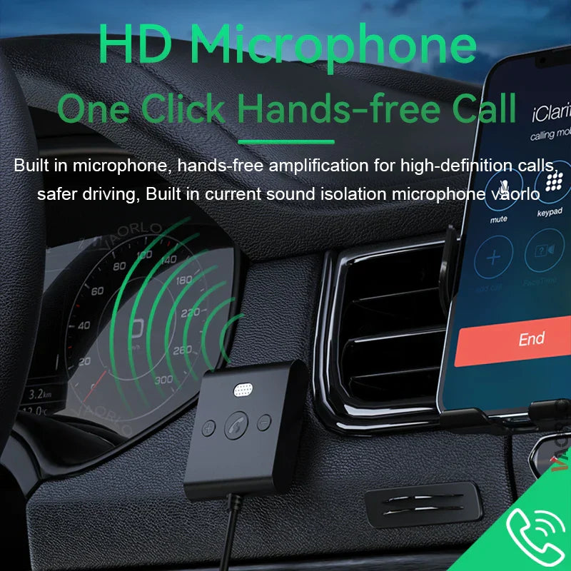 Black rectangular bluetooth 5.4 aux car adapter with mic and three buttons for stereo wireless audio receiver car kit handsfree calls navigation