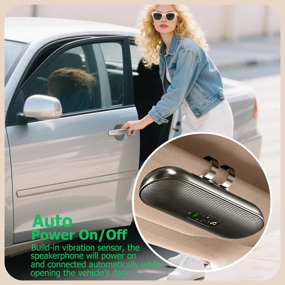 Black oval-shaped handsfree 6w speakerphone with textured grille and metallic clamps for visor speaker mp3 wireless music receiver