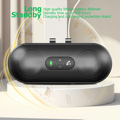 Black oval-shaped bluetooth 5.4 handsfree 6w speakerphone with perforated grille and green led visor speaker mp3 buttons