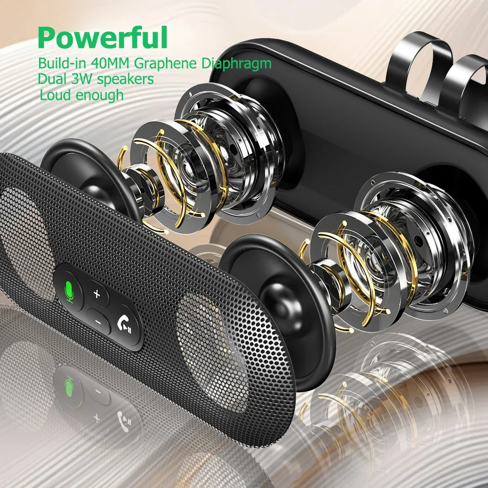 Black Bluetooth 5.4 handsfree 6w speakerphone with dual graphene diaphragm speakers and perforated grille for car use