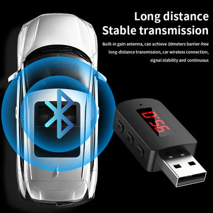 Black usb bluetooth 5.4 transmitter receiver handsfree car kit with red display and control buttons for power auto wireless audio adapter