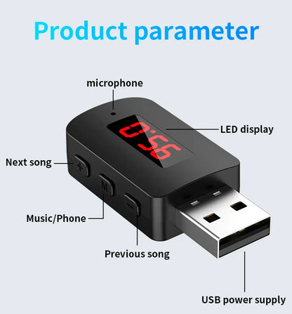 Black usb car stereo adapter with red led display and silver metallic usb connector for transmitter receiver handsfree power auto wireless audio adapter