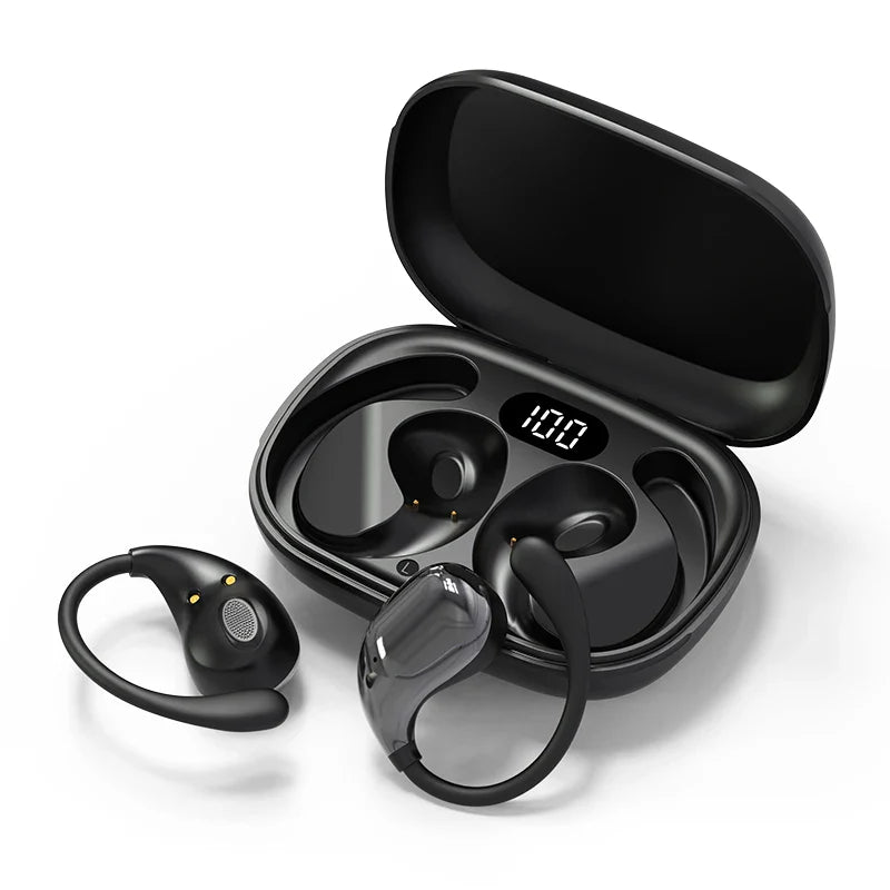 Black hook headphones tws wireless earphones hifi with glossy finish and charging case led display showing 100 percent