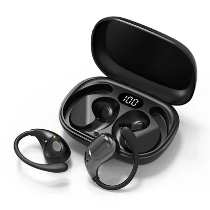 Black hook headphones tws wireless earphones hifi with glossy finish and charging case led display showing 100 percent