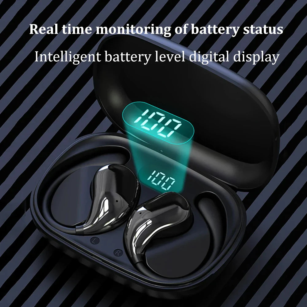 Black hook headphones tws wireless earphones hifi with sleek glossy finish and led display showing battery level in charging case