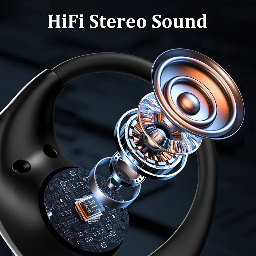 Black bluetooth 5.4 ear hook headphones tws wireless earphones hifi stereo waterproof with internal components visible