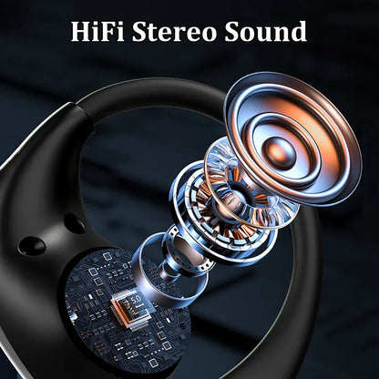 Black bluetooth 5.4 ear hook headphones tws wireless earphones hifi stereo waterproof with internal components visible