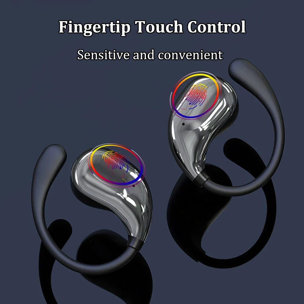 Silver-finished hook headphones tws wireless earphones hifi with black silicone hooks and colorful touch control circles