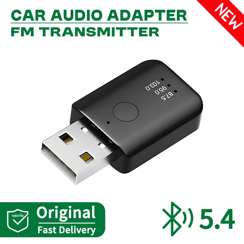 Black usb wireless adapter with metallic connector and plastic body featuring fm transmitter for lossless stereo music audio receiver