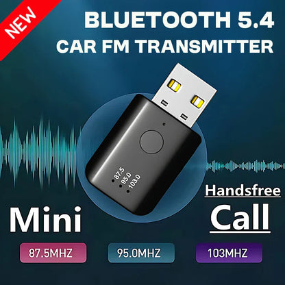 Black mini bluetooth 5.4 car fm transmitter with usb wireless adapter and frequency indicators for lossless stereo music audio receiver