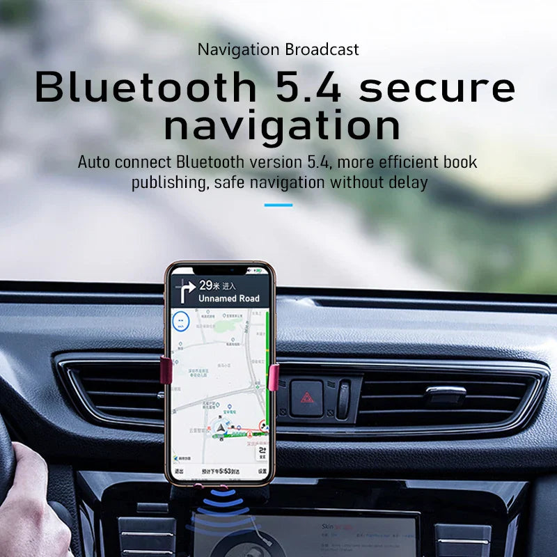 Black smartphone mounted in car using bluetooth 5.4 usb wireless adapter lossless stereo music audio receiver holder