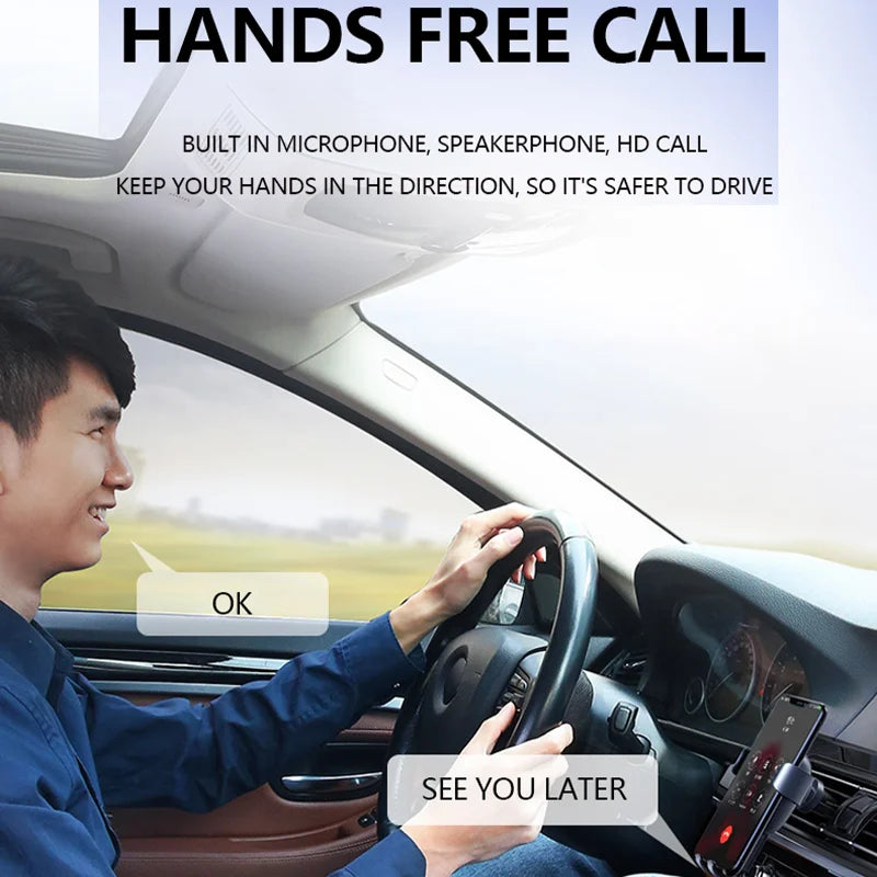 Black smartphone mounted in car dashboard holder connected to usb wireless adapter lossless stereo music audio receiver for handsfree calling