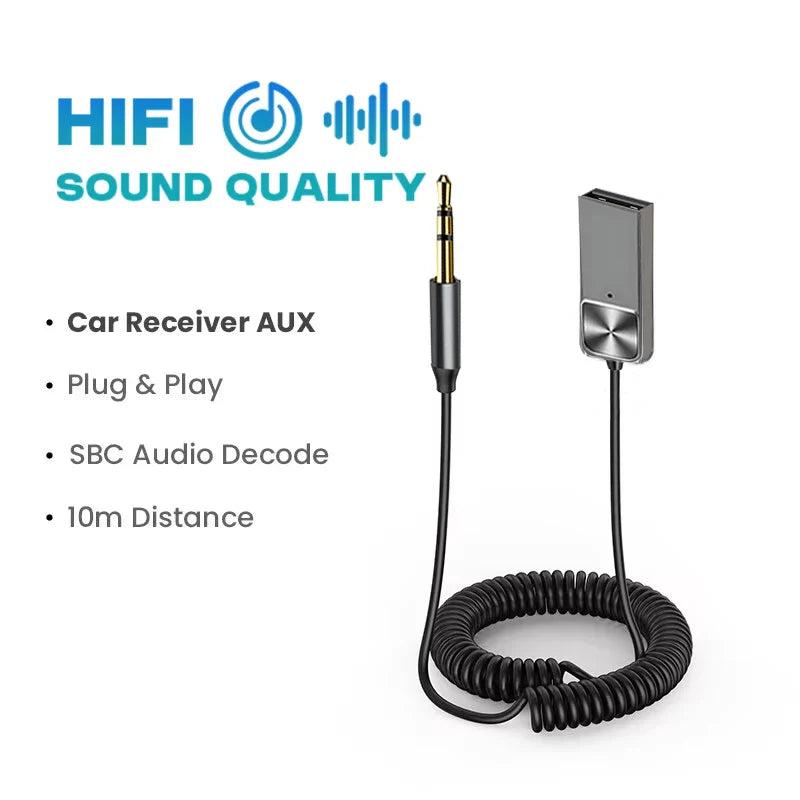 Silver usb bluetooth 5.5 audio receiver with coiled cable and gold 3.5mm jack for car aux wireless and car bt transmit