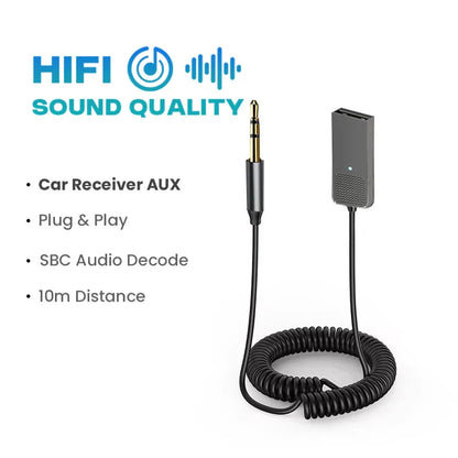 Black coiled cable with gold tipped 3.5mm plug and gray usb receiver for car aux wireless adapter stereo car bt transmit