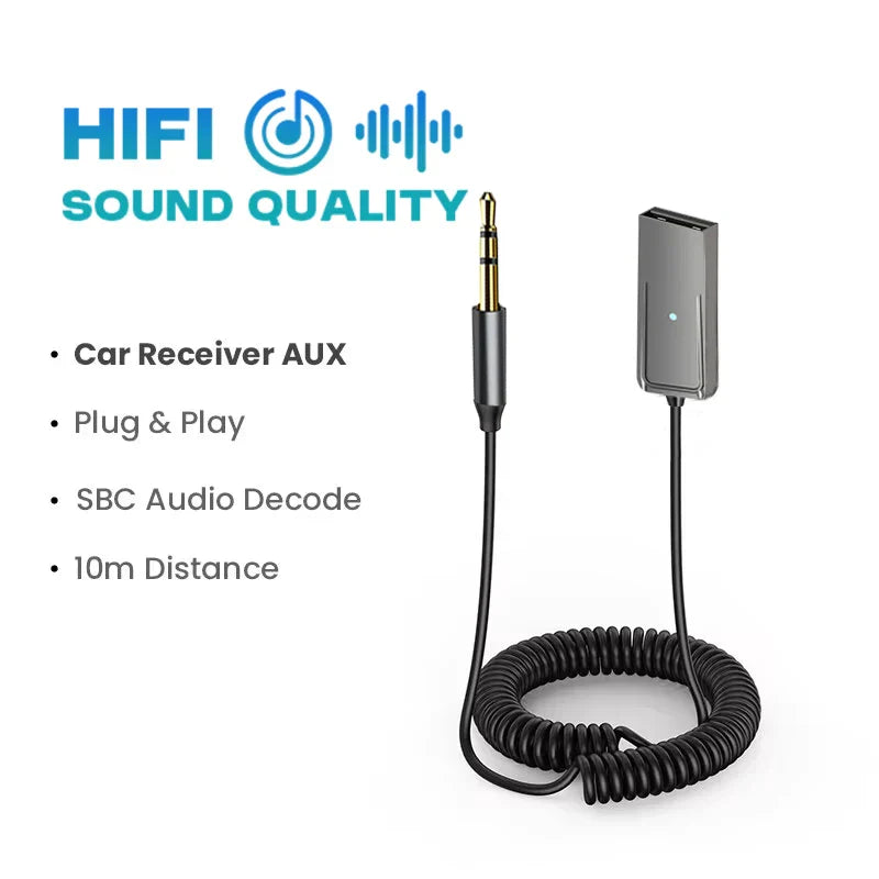 Black coiled cable with gold 3.5mm plug and silver usb receiver featuring green led for car aux wireless adapter stereo car bt transmit