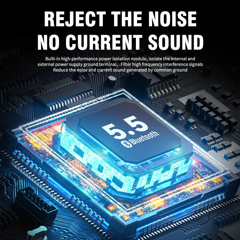 A sleek black bluetooth 5.5 chip with glowing blue circuitry and metallic connectors on a wireless adapter stereo pcb for car aux wireless and car bt transmit