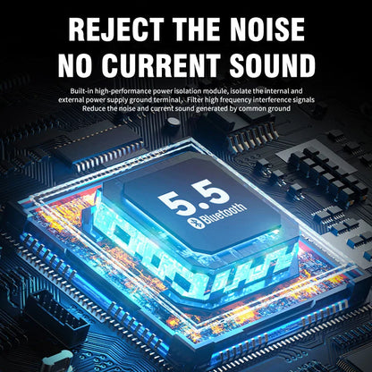 A sleek black bluetooth 5.5 chip with glowing blue circuitry and metallic connectors on a wireless adapter stereo pcb for car aux wireless and car bt transmit