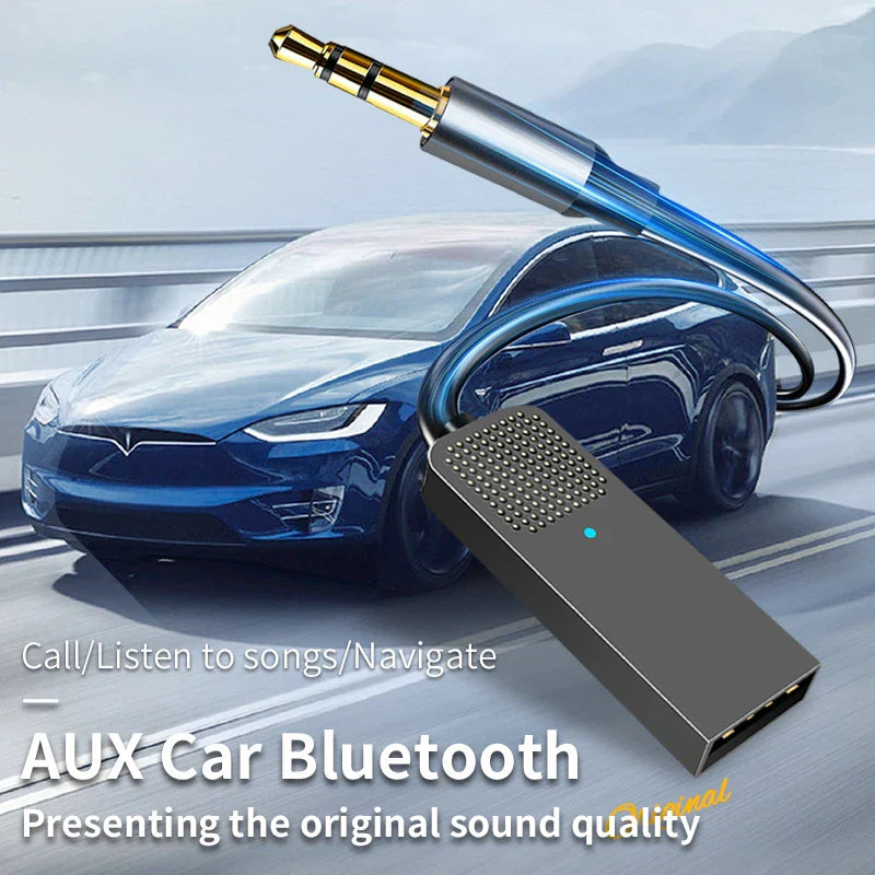 A sleek metallic gray bluetooth 5.5 car aux wireless adapter with gold 3.5mm jack and blue cable for car bt transmit