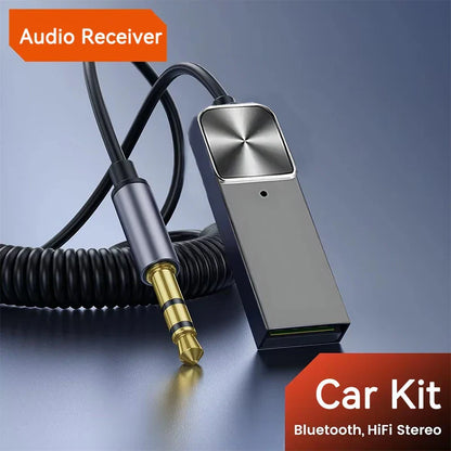 Black and silver bluetooth 5.5 car audio receiver with coiled cable and gold-plated 3.5mm jack mic wireless adapter transmit