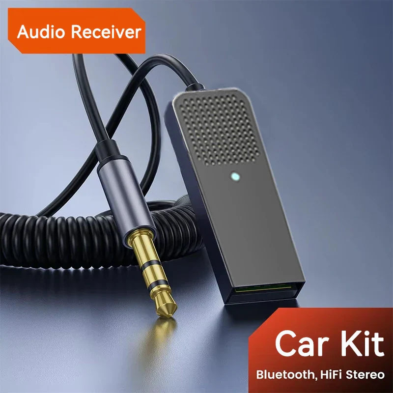 Black rectangular bluetooth 5.5 car kit with perforated grille and gold-plated 3.5mm jack mic wireless adapter transmit for music navigation handsfree
