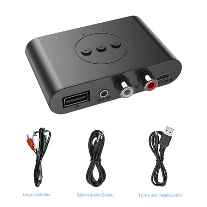 Black rectangular wireless audio adapter with usb rca and 3.5mm ports for car kit speaker amplifier use
