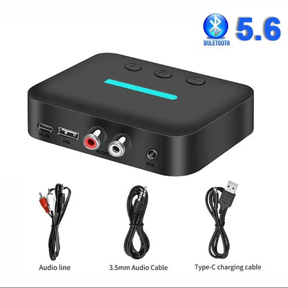 Black rectangular bluetooth 5.6 wireless audio adapter with teal led strip and multiple ports for car kit speaker use