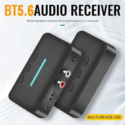 Black Bluetooth 5.6 wireless audio adapter with teal LED strip and multiple ports for car kit speaker amplifier use