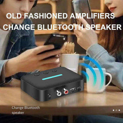 Black rectangular wireless audio adapter with glowing blue led and multiple ports for car kit speaker amplifier use