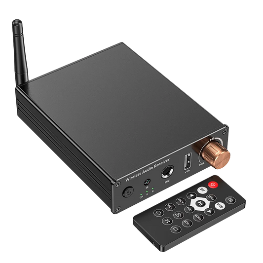 Black bluetooth 6.0 audio receiver with copper volume knob and remote for hifi lossless music and karaoke usb u-disk use