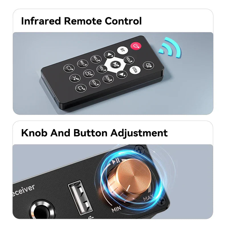 Black infrared remote control with silver and red buttons for bluetooth 6.0 audio receiver supporting hifi lossless music and karaoke usb u-disk